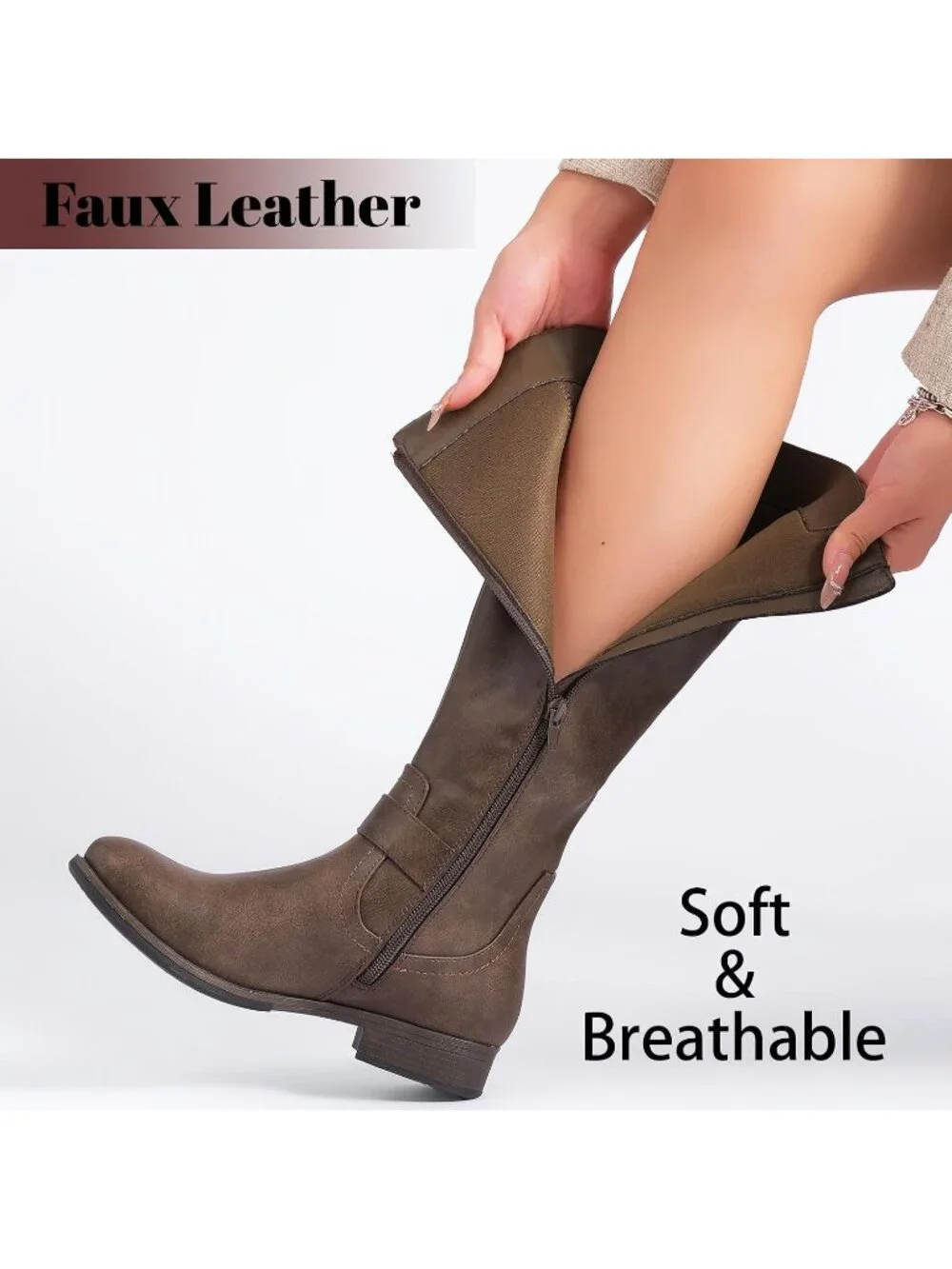 Women's Dark Brown Platform Slouchy Side Zipper Comfort Round Toe Knee High Boot